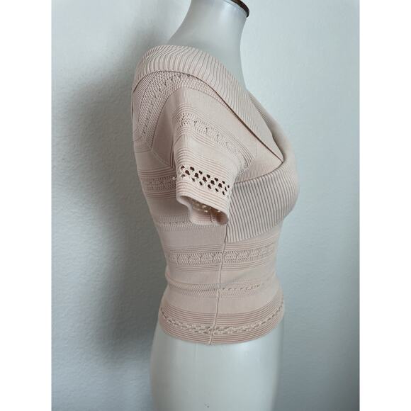 Sandro Paris Top Women Sz 1/S Shirt Ophelia Criss Cross Eyelet Stretch Knit Pink - Picture 6 of 13